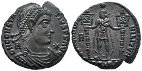 Constantius II (337-361). Æ (22.5mm, 6.20g). Siscia, 350. Pearl-diademed, draped and cuirassed bust r.; A behind, star before. R/ Emperor standing fac...