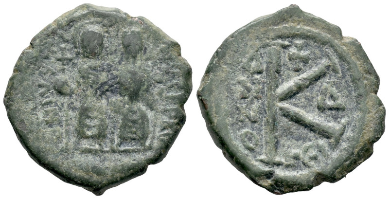 Justin II and Sophia (565-578). Æ 20 Nummi (21mm, 5.25g). Thessalonica, year 4 (...