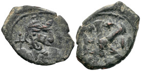 Justinian II (685-695). Æ 20 Nummi (21mm, 3.95g). Constantinople, year 2 (686/7). Crowned bust facing, holding globus cruciger. R/ Large K; date acros...