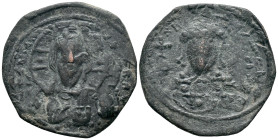 Constantine X (1059-1067). Æ Follis (24mm, 4.68g). Constantinople. Facing bust of Christ Pantokrator. R/ Crowned facing bust of Constantine, wearing l...