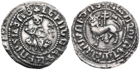 Cilician Armenia, Levon I (1198-1219). AR Tram (24mm, 2.68g). Levon seated facing on throne decorated with lions, holding globus cruciger and lis-tipp...