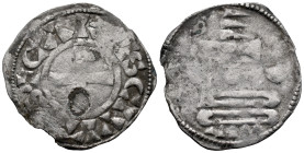 France, Duchy of Chartres. Anonymous. AR Denier (21mm, 0.93g). Stylized crowned head with pellets. R/ Cross. Duplessy 431. Good Fine