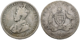Australia. Royal Mint, Melbourne. George V (1910-1936). 1 Florin 1918 (28.3mm, 10.91g). MacKennal / Blakemore, designers. KM# 27; N# 9267. Near VF