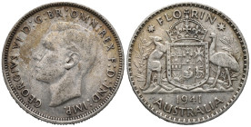 Australia. Royal Mint, Melbourne. George VI (1936-1952). 1 Florin 1941 (28.5mm, 11.22g). Thomas Humphrey Paget, engraver. KM# 40; N# 7583. VF