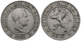 Belgium. Royal Mint of Belgium, Brussels. Leopold I (1831-1865). 20 Centimes 1861 (25.5mm, 6.82g). Joseph-Pierre Braemt (1796-1864), engraver. KM# 20;...