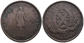 Canada. Canadian Provinces, Lower Cnada. City Bank, Merchant Token. 1/2 Penny / 1 Sou 1837 (28mm, 9.22g). KM# Tn6; N# 2540. VF