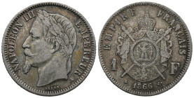 France. Napoleon III (1848–1870). Monnaie de Paris, Paris. 1 Franc 1866 (23mm, 4.98g). Désiré-Albert Barre (1855-1878), engraver; Alfred Renouard de B...