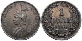 German East Africa. Berlin mint. Wilhelm II (1888-1918). 1 Rupie 1904 A (30.6mm, 11.56g). Emil Weigand / Otto Schultz, engravers. KM# 10; N# 11914. VF