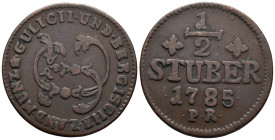 Germany. German States. Duchy of Jülich-Berg. Karl Theodor (1742-1799). 1/2 Stüber 1785 (31.5mm, 18.98g). P.R, Peter Ruedeheim, Mint Master, Düsseldor...