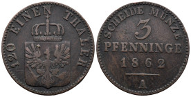 Germany. German States. Kingdom of Prussia. Berlin. Wilhelm I (1861-1888). 3 Pfenninge 1862 (24mm, 4.25g). KM# 482; N# 14248. VF