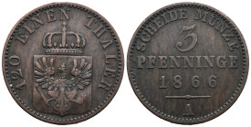 Germany. German States. Kingdom of Prussia. Berlin.Wilhelm I (1861-1888). 3 Pfenninge 1866 (24mm, 4.37g). KM# 482; N# 14248. VF