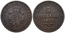 Germany. German States. Kingdom of Saxony (Albertinian Line). Dresden, Germany. John I (1854-1873). 5 Pfennige 1862 (25mm, 7.20g). B (mark) Gustav Jul...