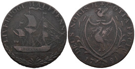 Great Britain. United Kingdom. Merchant token. 1/2 Penny 1791 (29mm, 11.88g). Lancashire - Liverpool - Sailing Ship. DH# 61-94; N# 17518. VF