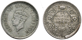 India. British India. Mumbai / Bombay mint. George VI (1936-1947). 1/4 Rupee 1945 (19mm, 2.90g). Percy Metcalfe, engraver. KM# 547; N# 4854. VF