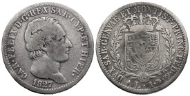 Italy. Italian States. Kingdom of Piedmont-Sardinia. Eagle Mint Mark. Carlo Felice(1821-1831). 1 Lira 1827 (23mm, 4.65g). Amedeo Lavy, engraver. KM# 1...