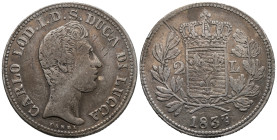 Italy. Italian States. Lucca. Charles Louis (Charles II,1824-1847). 2 Lire (Carlo Ludovico I) 1837 (27mm, 8.85g). Landi, engraver. KM# 41; N# 54962. V...