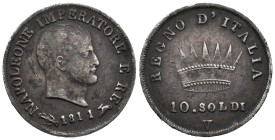 Italy. Italian States. Napoleonic Kingdom of Italy. Venice mint. Napoleon I (1805-1814). 10 Soldi 1811 (18mm, 2.36g). C# 6.2; N# 8129. VF