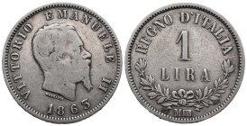 Italy. Milan mint. Vittorio Emanuele II (1861-1878). 1 Lira 1863 (23mm, 4.90g). Giuseppe Ferraris (1791-1869), engraver. KM# 15; N# 20113. VF