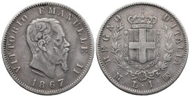 Italy. Milan mint. Vittorio Emanuele II (1861-1878). 1 Lira 1867 (23mm, 4.85g). Giuseppe Ferraris (1791-1869), engraver. KM# 5a; N# 7216. Good VF