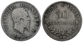 Italy. Milan mint. Vittorio Emanuele II (1861-1878). 50 Centesimi 1863 (18mm, 2.36g). Giuseppe Ferraris, engraver. KM#14; N# 4258. VF