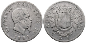 Italy. Naples mint. Vittorio Emanuele II (1861-1878). 1 Lira 1862 (23mm, 5g). Giuseppe Ferraris (1791-1869) , engraver. KM# 5.2; N# 46331. VF