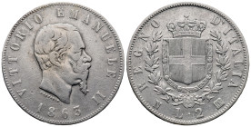 Italy. Napoli mint. Vittorio Emanuele II (1861-1878). 2 Lire 1863 (27mm, 9.84g). Giuseppe Ferraris, engraver. KM# 6a; N# 19476. VF