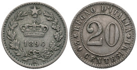 Italy. Rome mint. Umberto I (1878-1900). 20 Centesimi 1894 (21mm, 3.83g). Filippo Speranza, engraver. KM# 28; N# 2394. Near EF