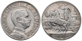 Italy. Rome mint. Vittorio Emanuele III (1900-1946). 1 Lira 1909 (23mm, 4.96g). Davide Calandra / Attilio Silvio Motti , engravers. KM# 57; N# 12012. ...