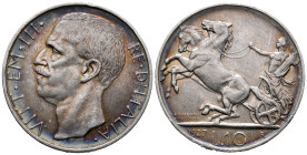 Italy. Rome mint. Vittorio Emanuele III (1900-1946). 10 Lire 1927 (27mm, 9.38g). Giuseppe Romagnoli (1872- 1966), engraver. KM# 68; N# 10490. VF