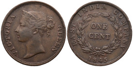 Malaysia. British Malaysia. Straits Settlements. East India Company. Calcutta mint. Queen Victoria (1837-1901). 1 Cent 1845 (29mm, 9.21g). William Wyo...