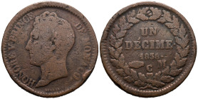 Monaco. Honoré V (1819-1841). 1 Decime 1838 (33mm, 17.55g). Maurice Borrel (1804-1882), engraver. KM# 97.2; N# 24960. VF