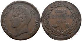 Monaco. Honoré V (1819-1841). 5 Centimes (small head) 1837 (29mm, 8.8g). Maurice Borrel (1804-1882), engraver. KM# 95.2; N# 6367. VF