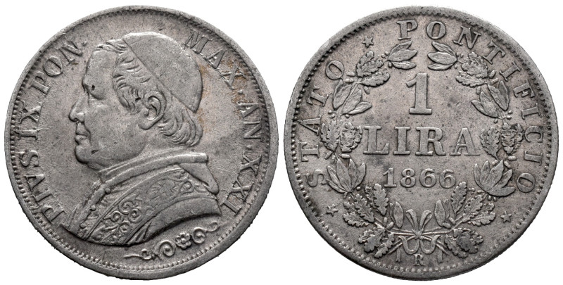Papal States. Rome mint. Pius IX (1846-1878). 1 Lira (large bust; PON · MAX ·) 1...