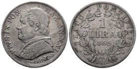 Papal States. Rome mint. Pius IX (1846-1878). 1 Lira (large bust; PON · MAX ·) 1866 (23mm, 5g). Carl Friedrich Voigt (1800-1874), engraver. KM# 1378; ...
