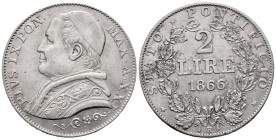 Papal States. Rome mint. Pius IX (1846-1878). 2 Lire (PON · MAX ·) 1866 (27.5mm, 9.44g). Carl Friedrich Voigt (1800-1874), engraver. KM# 1379.2; N# 36...