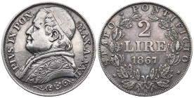 Papal States. Rome mint. Pius IX (1846-1878). 2 Lire 1867 (27.5mm, 9.91g). Carl Friedrich Voigt (1800-1874), engraver. KM# 1379; N# 3604. EF