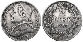 Papal States. Rome mint. Pius IX (1846-1878). 2 Lire 1869 (28mm, 9.93g). Carl Friedrich Voigt (1800-1874), engraver. KM# 1379; N# 3604. Near EF