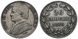 Papal States. Rome mint. Pius IX (1846-1878). 20 Baiocchi (Open wreath) 1865 (24.3mm, 5.29g). Carl Friedrich Voigt (1800-1874), engraver. KM# 1360; N#...