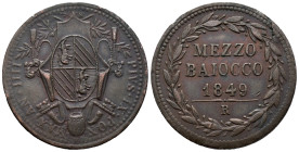 Papal States. Rome. Pope Pius IX (1846-1878). 1/2 Baiocco 1849 (24mm, 5.02g). Niccolò Cerbara (1796-1869), engraver. KM# 1340; Berman# 3327; N# 8592. ...