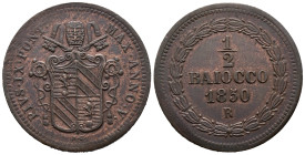 Papal States. Rome. Pope Pius IX (1846-1878). 1/2 Baiocco 1850 (24mm, 4.99g). KM#1355; Berman# 3328; N#8324. Good VF