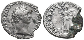 Domitian (81-96). AR Denarius (17.5mm, 2.12g). Rome, 93-4. Laureate head r. R/ Minerva advancing r. on galley, holding spear and shield; owl at feet. ...