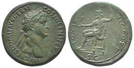 Domitian (81-96). Æ Sestertius (34mm, 24.96g). Rome, 90-1. Laureate head r. R/ Jupiter seated l., holding Victory and sceptre. RIC II 702. Green patin...
