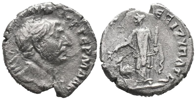 Trajan (98-117). AR Denarius (17mm, 2.04g). Rome, 112-3. Laureate bust r., sligh...