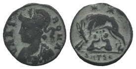 Commemorative Series, 330-354. Æ Follis (18mm, 2.47g). Thessalonica, 330-3. Helmeted and draped bust of Roma l. R/ She-wolf standing r., suckling the ...