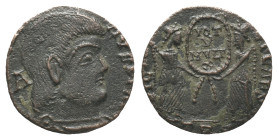 Magnentius (350-353). Æ Centenionalis (18mm, 2.26g). Treveri, AD 352. Bareheaded, draped and cuirassed bust r.; A behind. R/ Two Victories standing fa...