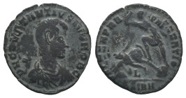 Constantius Gallus (Caesar, 351-354). Æ (23mm, 4.22g). Sirmium. Bareheaded, draped and cuirassed bust r.; Δ behind. R/ Soldier standing l., holding sh...
