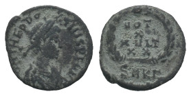 Theodosius I (379-395). Æ (15mm). Cyzicus, 378-383. Pearl-diademed, draped and cuirassed bust r. R/ VOT X MVLT XX in four lines; SMKΓ. RIC IX 21c. Nea...
