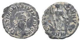 Theodosius II (402-450). Æ (18mm, 1.54g). Cyzicus, 401-3. Pearl-diademed, helmeted and cuirassed bust facing slightly r., holding spear over shoulder ...