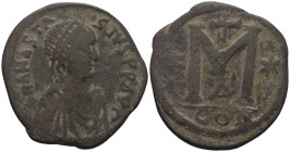 Anastasius I (491-518). Æ 40 Nummi (35.5mm, 16.08g). Constantinople, 498-518. Diademed, draped and cuirassed bust r. R/ Large M; cross above, stars fl...