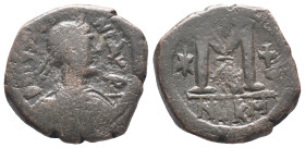 Justin I (518-527). Æ 40 Nummi (28mm, 17.52g). Nicomedia. Diademed, draped and cuirassed bust r. R/ Large M; star to l., cross to r., cross above; A/N...